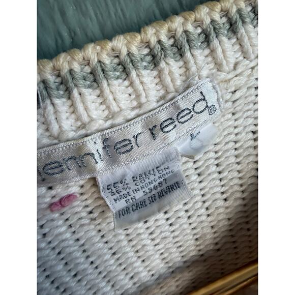 Vintage Floral Embroidered Knit Cardigan | Cottagecore | Pastel Flowers, LG - Picture 6 of 7